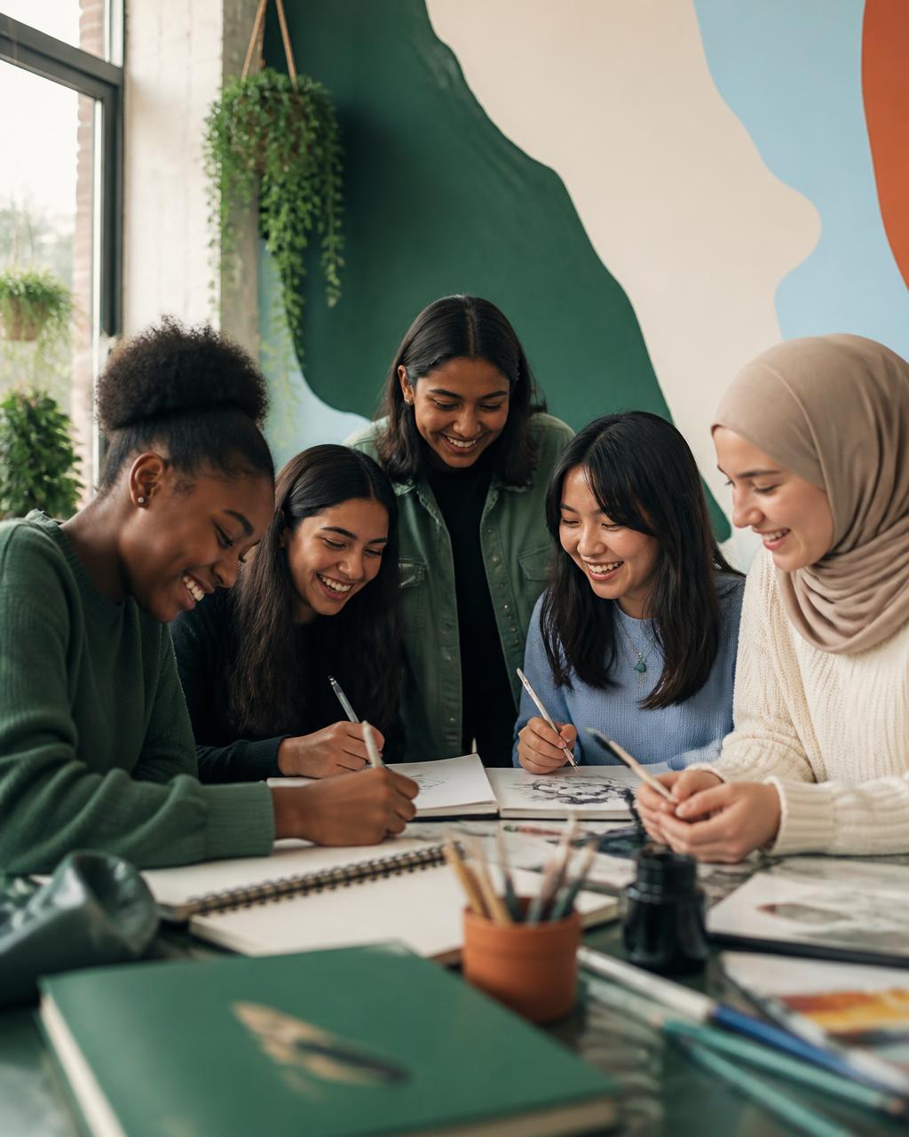 A diverse group of teenage girls creating together at a workshop